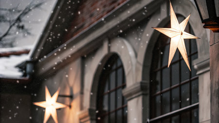 Christmas star on the background of a brick building in the snow.の素材