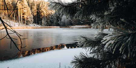 Snow-covered pine tree branches framing a peaceful forest with light dusting of snowの素材