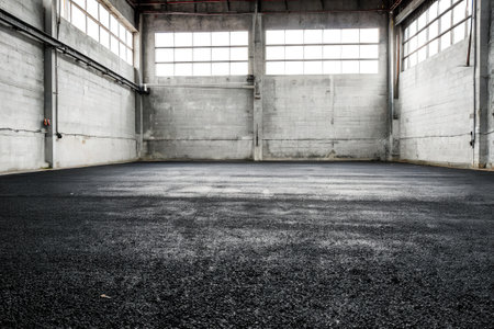 Empty industrial warehouse with concrete walls and a spacious asphalt floorの素材