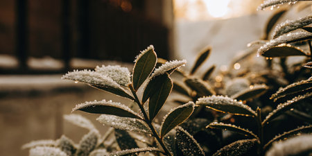 Frost-covered leaves in close-up with morning sunlightの素材