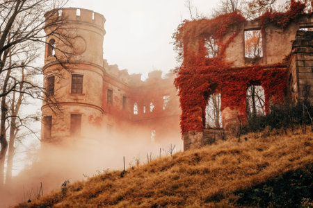 Abandoned stone castle with ivy and soft morning mistの素材