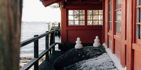 Traditional Japanese building with snow and small snowmenの素材