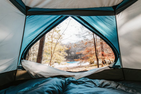 Scenic view from a tent in the forest during autumnの素材