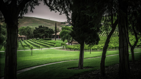 Beautiful vineyard surrounded by trees in a scenic landscapeの素材