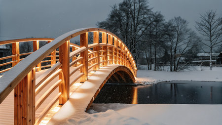 Snow-covered wooden bridge illuminated at night with soft golden lights.の素材