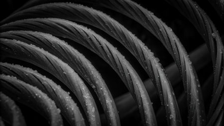 Close-up of coiled metal pipes with raindrops in low lightingの素材