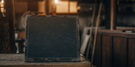Blank chalkboard on a rustic wooden easel in a cozy workshopの素材