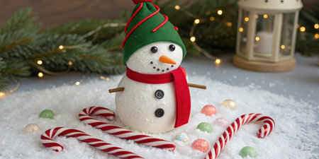 Christmas snowman decoration with candy canes and festive lightsの素材
