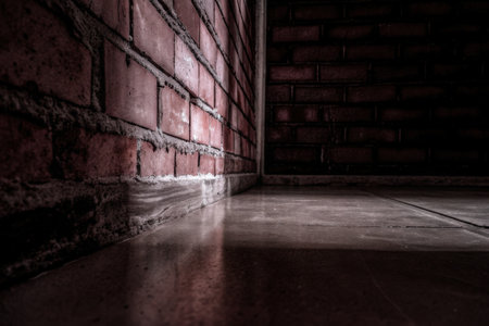 Brick wall corner with sunlight casting dramatic shadowsの素材