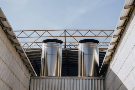 Industrial metal silos and vent pipes on a rooftop under clear skiesの素材