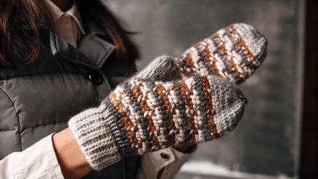 Cozy handmade wool mittens with earthy tones in a warm winter sceneの素材