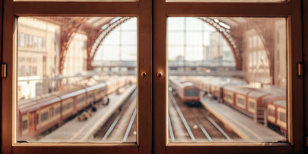 Train station platform view with multiple tracks and trains seen through glass doorsの素材