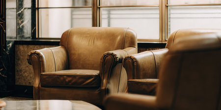 Cozy leather armchairs in an elegant and sophisticated lounge settingの素材