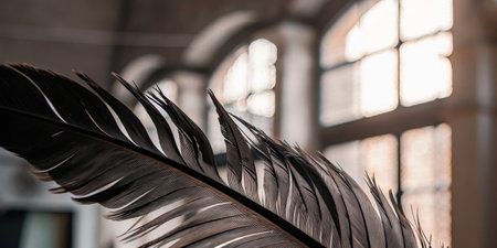 Black feather close-up in a softly lit roomの素材