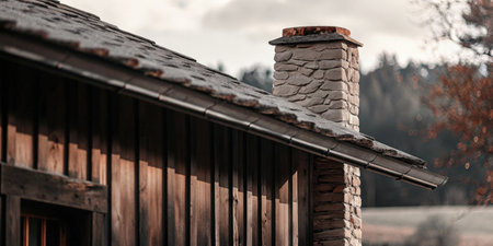 Rustic chimney and wooden house rooftop dusted with snowの素材