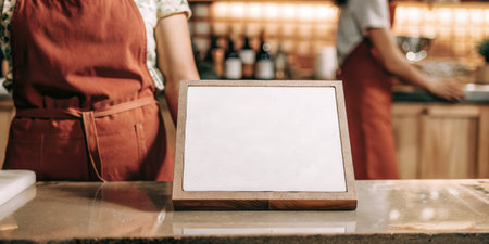 Blank wooden sign on a counter with barista in the backgroundの素材