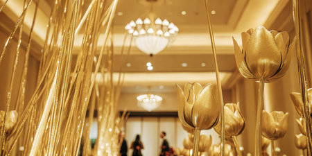 Elegant golden decor in a luxury hotel lobby.の素材