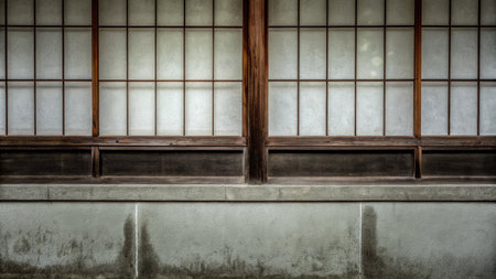 Traditional sliding doors of a Japanese house with wooden framesの素材