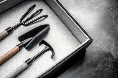 Gardening tools neatly arranged in a metal tray.の素材