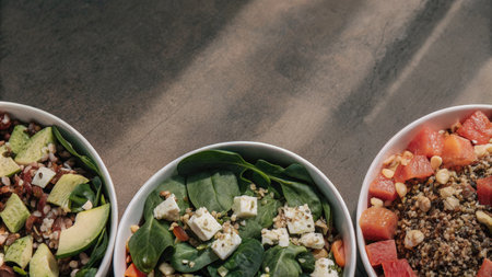 Healthy salad bowls with fresh ingredients arranged on a rustic tableの素材