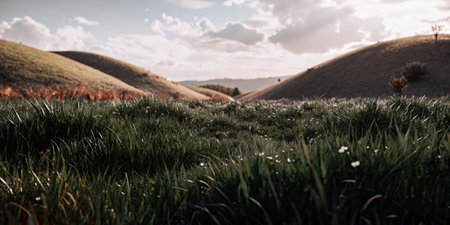 Peaceful grassy hills with wildflowers and cloudy sky in the distanceの素材