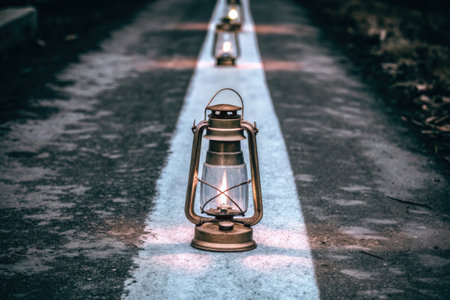 Row of lanterns along a straight path.の素材
