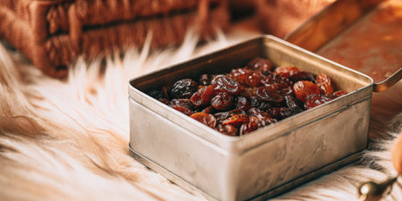 A metal tin filled with dried fruits sits on a furry surface.の素材