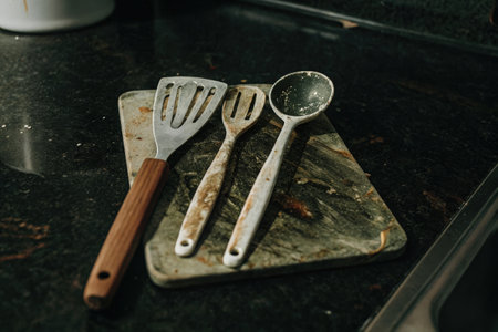 Rustic kitchen utensils on a marble cutting board in a cozy kitchenの素材