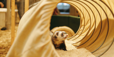 Curious ferret exploring a cozy tunnel play areaの素材