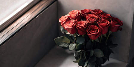 Beautiful bouquet of red roses arranged by a window for a romantic settingの素材