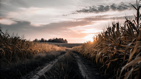 Golden hour over a cornfield and dirt path leading to the horizonの素材