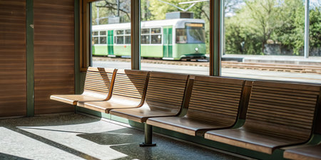 Empty wooden seating area at a public transportation stationの素材