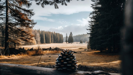 Peaceful meadow landscape with pine trees and a pinecone in the foregroundの素材