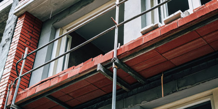 Construction site with scaffolding on the exterior of a buildingの素材
