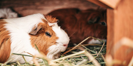 Cute guinea pig resting in a cozy enclosure with hayの素材