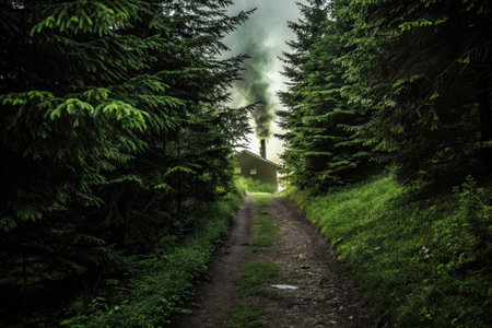 Narrow forest pathway lined with dense green fir treesの素材