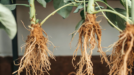 Exposed plant roots hanging in a botanical study settingの素材