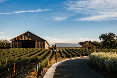 Vineyard entrance with barns and a scenic mountain viewの素材