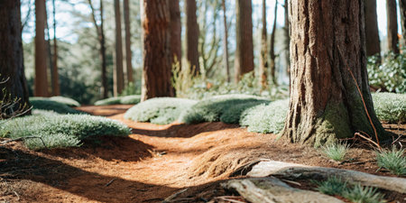 Forest path with tall trees and sunlight filtering throughの素材