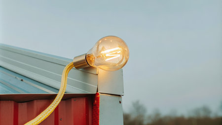 Retro-style exposed light bulb against a rustic metal roof edge background.の素材
