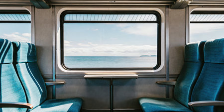 Scenic train window view with comfortable seating and landscape in the distance.の素材
