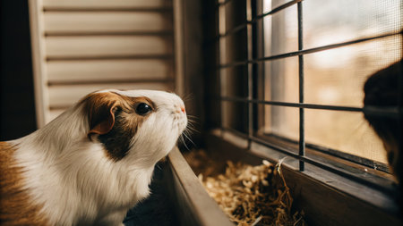 Curious guinea pig looking out the window from its cozy cageの素材