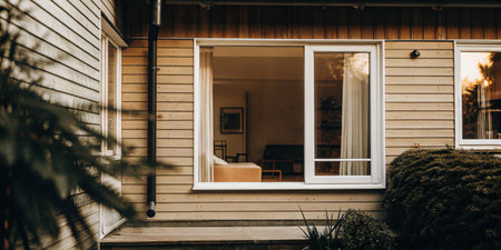 Cozy residential window view from outside with wooden siding in natural light.の素材
