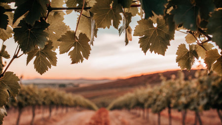 Green vineyard leaves hanging from vines with scenic hills in the background.の素材