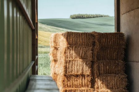 Bales of Hay Stacked in Barn Doorway, Depicting Rural Farm Lifeの素材