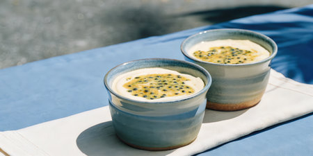 Passion Fruit Mousse in Ceramic Cups on a Blue Tableclothの素材
