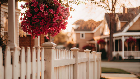 Charming Neighborhood with White Picket Fence and Vibrant Flowersの素材