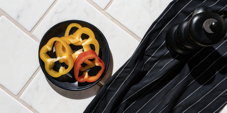 Sliced Bell Peppers in a Black Bowl with Striped Clothの素材