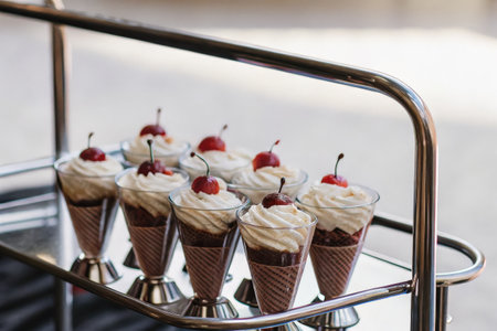 Mini Desserts in Waffle Cones with Whipped Cream and Cherriesの素材