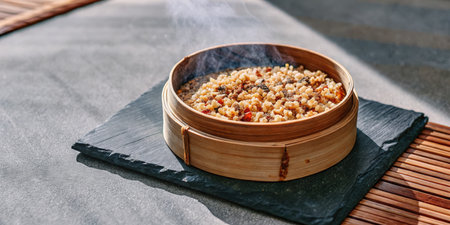 Bamboo steamer filled with fried rice on a slate serving boardの素材
